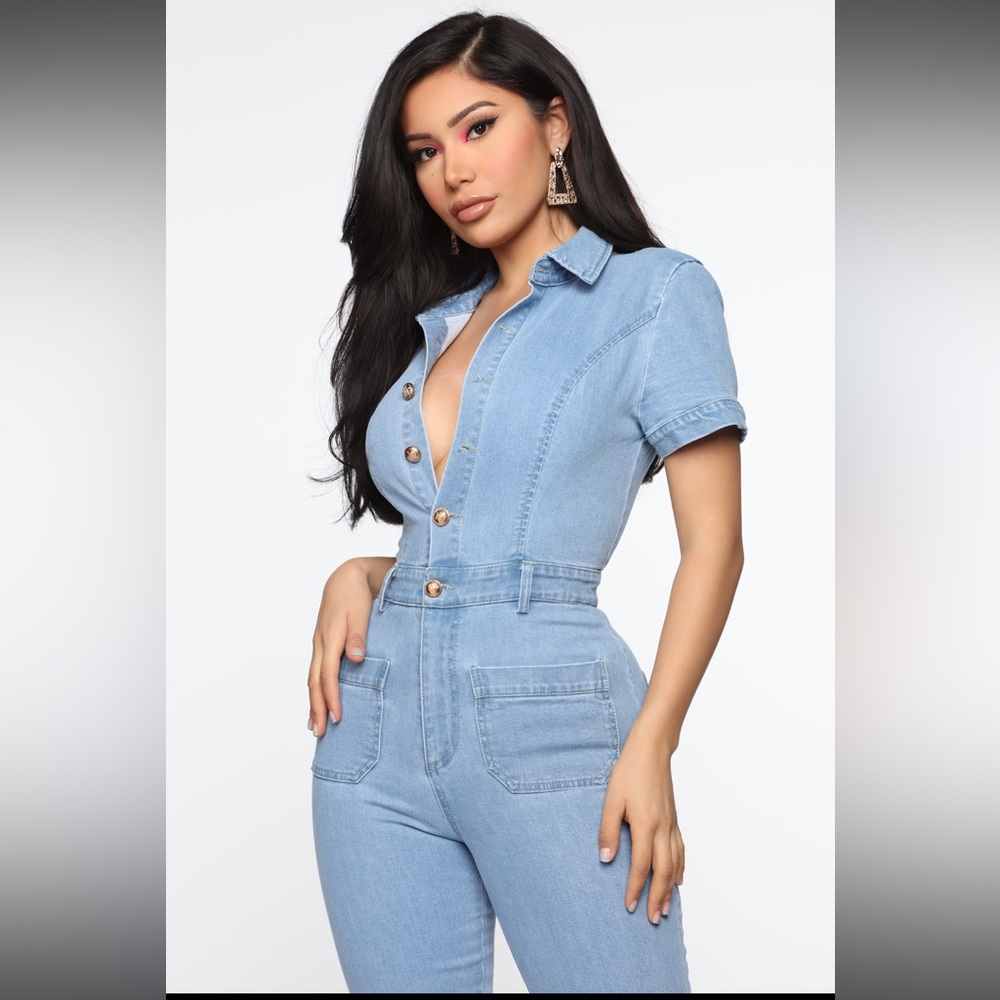 70s Denim Jumpsuit Light Blue Jean Wash Stretch Flare Leg Fashion Nova XS/S